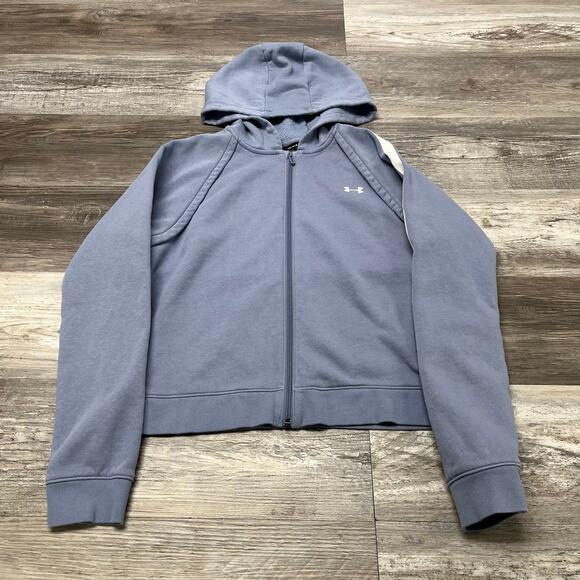Under Armour Rival Fleece Blue White Womens L Full Zip Spellout Sleeve Hoodie - Picture 1 of 9